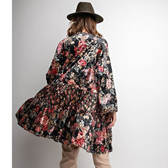 Boho Gypsy Black Floral Kimono Cardigan Tunic - Picture 6 of 8